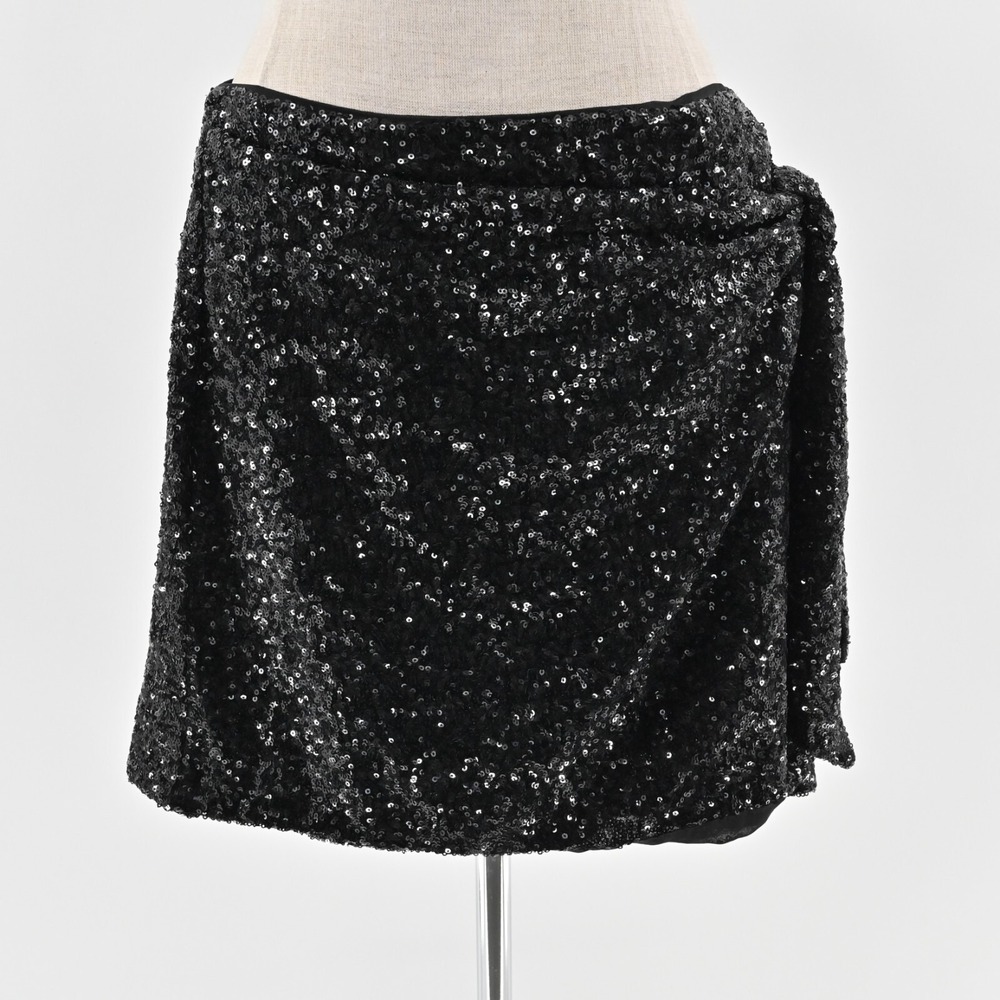 House‎ of Harlow Skirt Size M/L Black Sequin Faux Wrap Side Tie Mini Glam Lined
